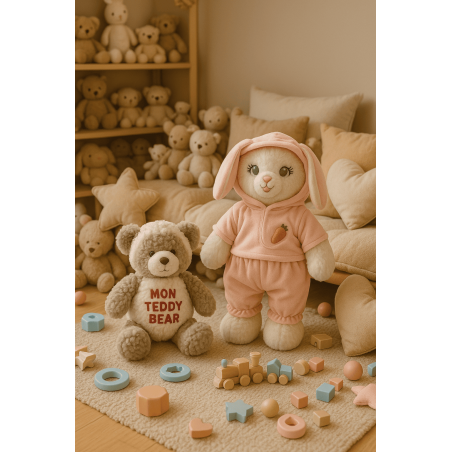 Stuffed animal in pink bunny costume with floppy ears and carrot detail