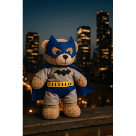 Costume de super-héros pour peluche avec cape bleue et masque chauve-souris