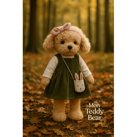 Plush dog toy in green dress, pink headband and bunny-shaped bag
