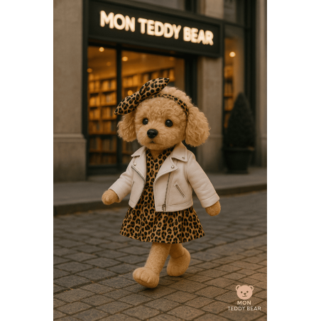 Plush dog in leopard dress, white zip jacket and matching headband