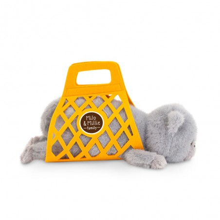 Milo le Chat Gris - Peluche avec Panier Feutre Jaune (35 cm)