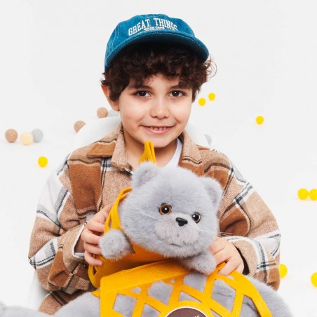 Milo le Chat Gris - Peluche avec Panier Feutre Jaune (35 cm)