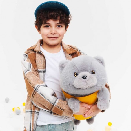 Milo le Chat Gris - Peluche avec Panier Feutre Jaune (35 cm)