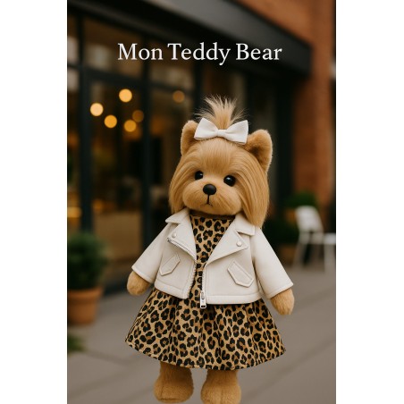 Ensemble Robe Léopard & Perfecto Blanc pour peluche Lucky Doggy – Look Rock Chic 40 cm