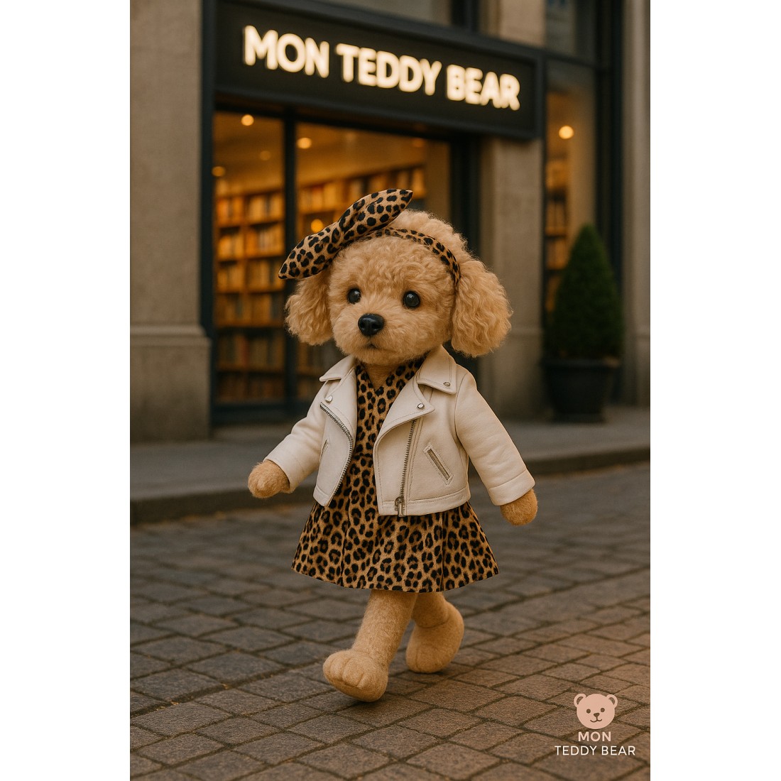 Ensemble Robe Léopard & Perfecto Blanc pour peluche Lucky Doggy – Look Rock Chic 40 cm Ensemble Robe Léopard & Perfecto Blanc pour peluche Lucky Doggy – Look Rock Chic 40 cm