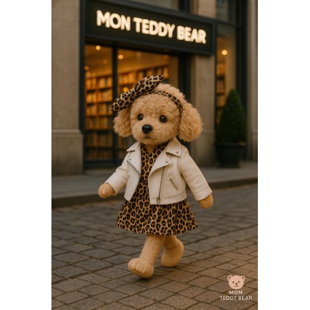 Ensemble Robe Léopard & Perfecto Blanc pour peluche Lucky Doggy – Look Rock Chic 40 cm