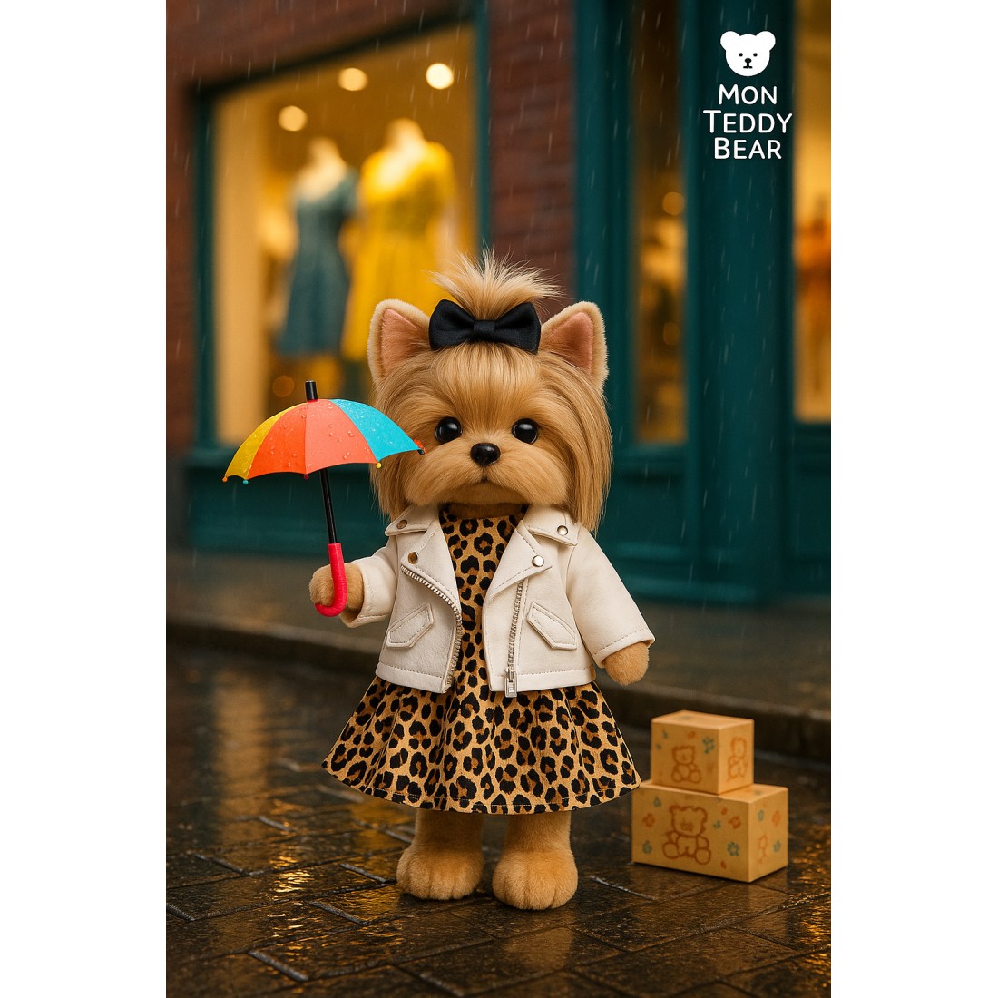 Ensemble Robe Léopard & Perfecto Blanc pour peluche Lucky Doggy – Look Rock Chic 40 cm Ensemble Robe Léopard & Perfecto Blanc pour peluche Lucky Doggy – Look Rock Chic 40 cm