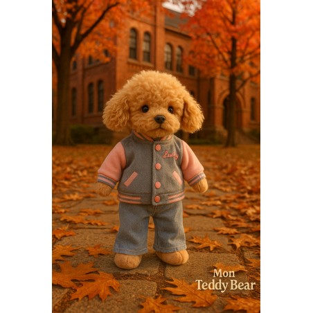 Look Urban Chic pour peluche, Blouson teddy et jean flare, Tenue 3 pièces tendance, Ensemble rose et denim