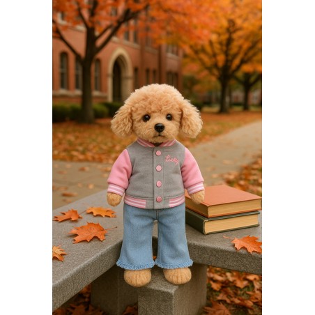 Look Urban Chic pour peluche, Blouson teddy et jean flare, Tenue 3 pièces tendance, Ensemble rose et denim