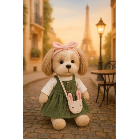 Lucky Doggy knuffelkleding groen jurkje en konijnentas – Paris Travel 40 cm
