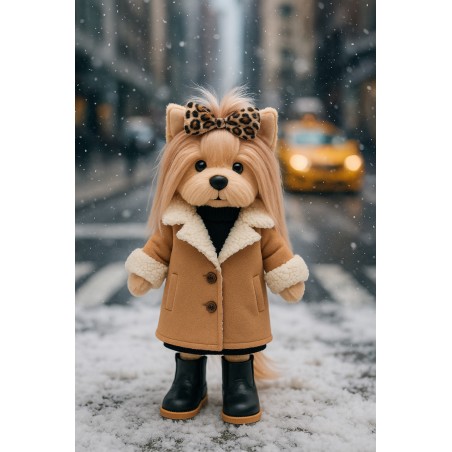 Lucky Doggy plush clothes 40 cm – Camel coat, black dress, boots and leopard bow – Elegant Style