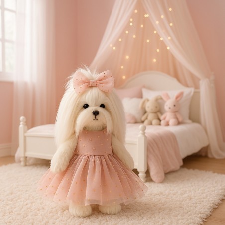 Lucky Doggy knuffelkleding – Poederroze jurk met gouden stippen en strik – Fonkelende Tederheid
