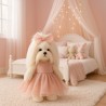Lucky Doggy knuffelkleding – Poederroze jurk met gouden stippen en strik – Fonkelende Tederheid