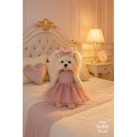 Lucky Doggy knuffelkleding – Poederroze jurk met gouden stippen en strik – Fonkelende Tederheid