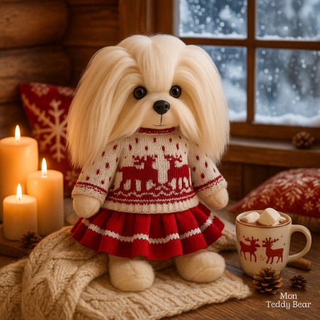 Lucky Doggy knuffelkleding 40 cm – Rood-witte trui met rendiermotief + plooirok – Scandinavische look