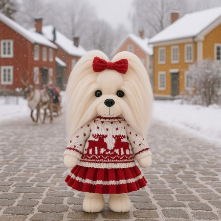 Lucky Doggy knuffelkleding 40 cm – Rood-witte trui met rendiermotief + plooirok – Scandinavische look