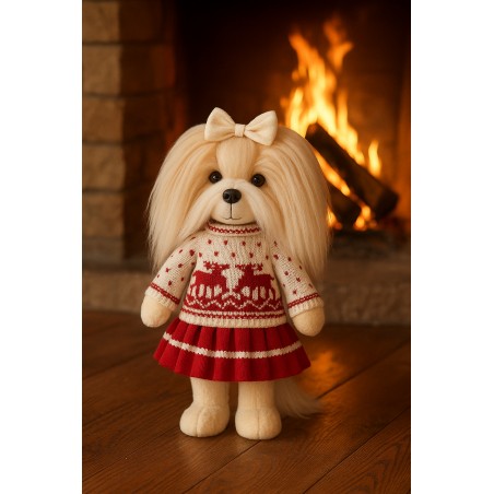 Lucky Doggy knuffelkleding 40 cm – Rood-witte trui met rendiermotief + plooirok – Scandinavische look