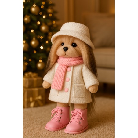 Lucky Doggy Knuffelkleding – Fashion Winter: Ivoorkleurige jas & roze laarsjes