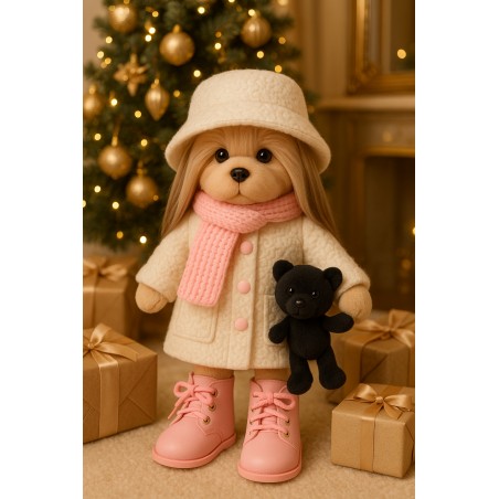 Lucky Doggy Knuffelkleding – Fashion Winter: Ivoorkleurige jas & roze laarsjes