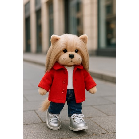 Lucky Doggy knuffelkleding 40 cm – Bright Mood set – Rode jas, spijkerbroek, T-shirt en zilveren schoenen