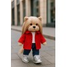 Lucky Doggy knuffelkleding 40 cm – Bright Mood set – Rode jas, spijkerbroek, T-shirt en zilveren schoenen