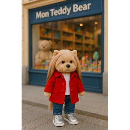 Lucky Doggy plush clothes 40 cm – Bright Mood outfit – Red coat, jeans, T-shirt and silver shoes