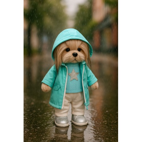 Kleidung für Lucky Doggy Plüsch 40 cm – Türkiser Regenmantel, Sternpullover, cremefarbene Hose – Regentag
