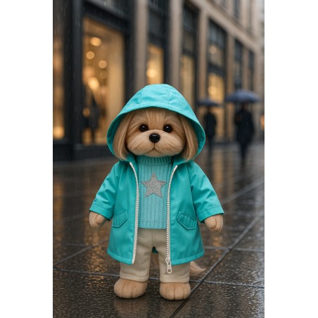 Lucky Doggy knuffelkleding 40 cm – Turquoise regenjas, trui met ster, crèmekleurige broek – Regenachtige Dag