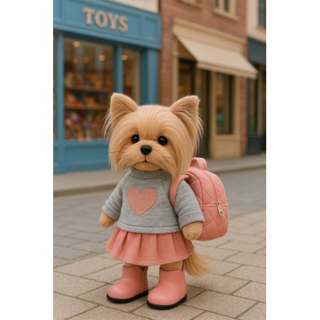 Lucky Doggy knuffelkleding 40 cm – Grijze trui met roze hart, roze rok, laarsjes & rugzak – Urban Style