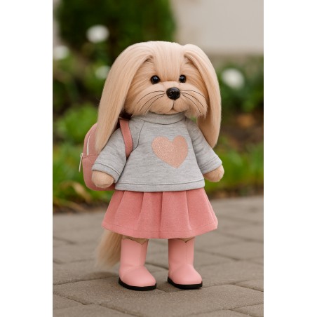 Lucky Doggy plush outfit 40 cm – Grey sweatshirt with pink heart, pink skirt, boots & backpack – Urban Style