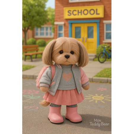 Lucky Doggy knuffelkleding 40 cm – Grijze trui met roze hart, roze rok, laarsjes & rugzak – Urban Style