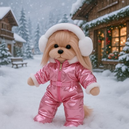 Lucky Doggy – Skianzug in Metallic-Rosa mit Kunstfell-Kapuze