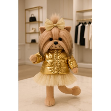 Lucky Doggy knuffelkleding 40 cm – Gouden jas, glitterrok en strik – Golden Jacket