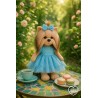 Lucky Doggy Kleidung für Plüsch 40 cm – Blaues Tupfenkleid mit Schleife – Himmelblaues Kleid