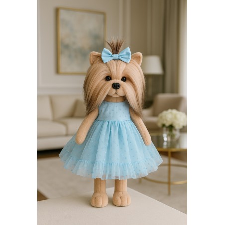 Lucky Doggy knuffelkleding 40 cm – Blauw jurkje met stippen en strik – Hemelsblauw Jurkje