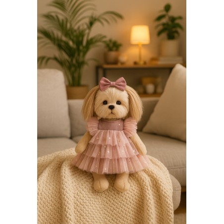 Lucky Doggy – Romantic Evening Kledingset – Roze Tulejurk met Gouden Sterren en Bijpassende Strik