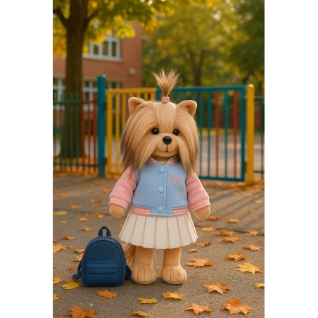Peluche Lucky Doggy Mimi Evening Walk en blouson teddy pastel et jupe plissée blanche – Réf. LD3/119