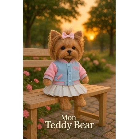 Peluche Lucky Doggy Yoyo – Ensemble Evening Walk : blouson teddy pastel et jupe blanche