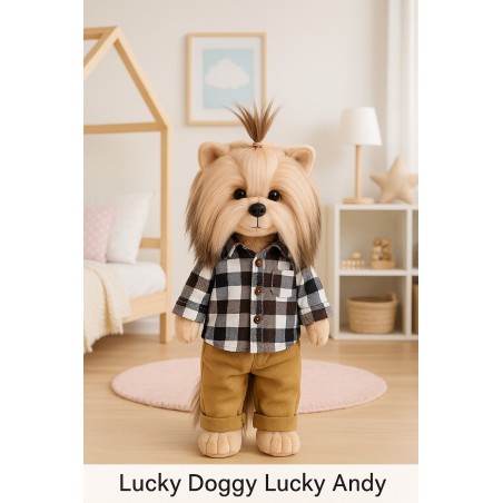 Lucky Doggy knuffeljongen 40 cm – Geruit hemd en camel broek – Lucky Andy: Stylish Boy
