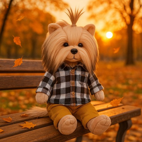 Lucky Doggy peluche garçon 40 cm – Chemise à carreaux et pantalon camel – Lucky Andy: Stylish Boy