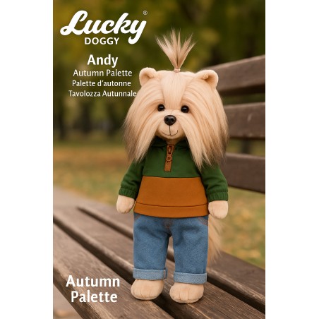Lucky Doggy – Peluche articulée Andy avec sweat bicolore automnal et jean – Autumn Palette