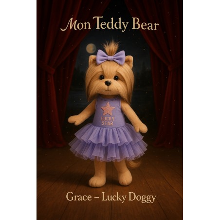 Peluche Lucky Doggy Yoyo avec tenue “Grace” – robe violette étoile rose – 40 cm