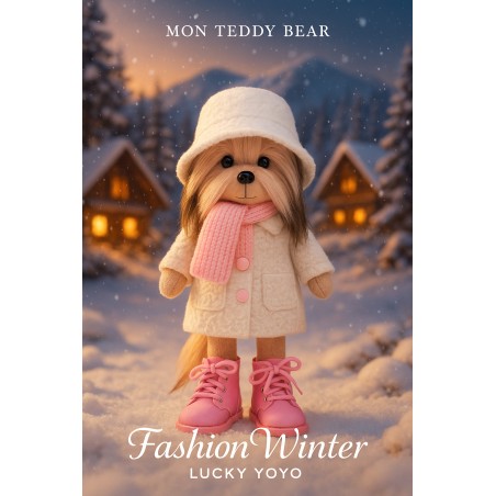 Peluche Lucky Doggy Yoyo avec manteau d’hiver blanc, écharpe rose et bottines – 40 cm