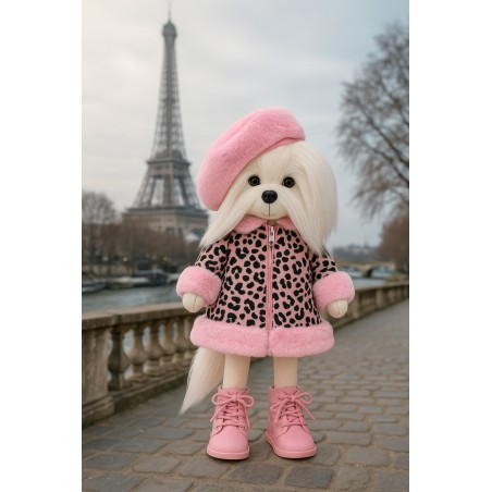Kleidung für Lucky Doggy Plüsch 40 cm – Rosa Leopardenmantel, Barett und Schuhe – Lucky Mimi: Mon Amour