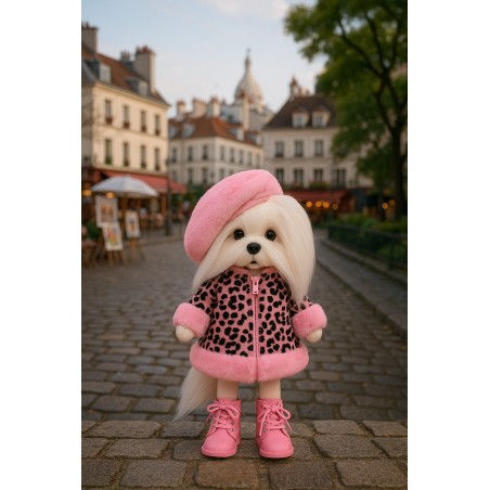 Kleidung für Lucky Doggy Plüsch 40 cm – Rosa Leopardenmantel, Barett und Schuhe – Lucky Mimi: Mon Amour