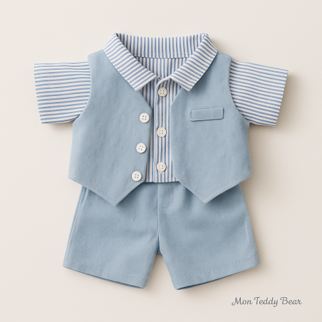 Elegant 3-delig kledingstuk voor knuffels 30–40 cm – Gestreept overhemd, lichtblauw vest & short – Stijlvol & zacht