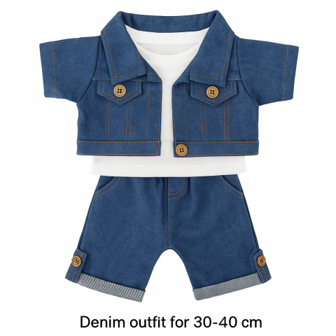 Jeans-Outfit für 30–40 cm Plüschtiere mit Jacke, Hose und weißem T-Shirt – Plüschkleidung Denim Style