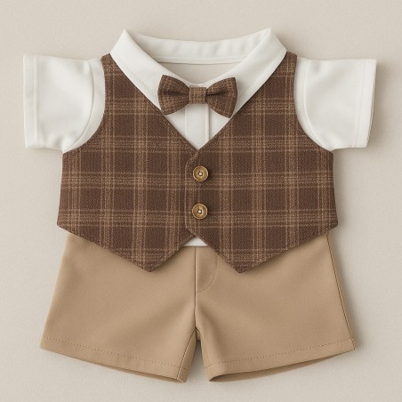 Tenue Gentleman Chic pour Peluche 40 cm – Gilet à Carreaux & Short Beige