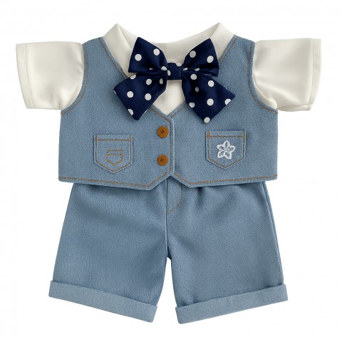Plush toy outfit flatlay – sewn-in shirt, denim vest with scratch, shorts, polka dot bow – Ref. Y253