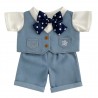 Plush toy outfit flatlay – sewn-in shirt, denim vest with scratch, shorts, polka dot bow – Ref. Y253